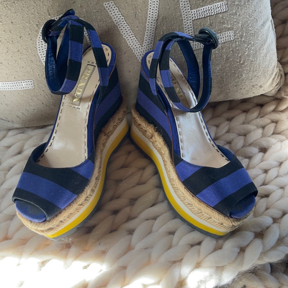 Prada blue/black striped wedge open toe shoes